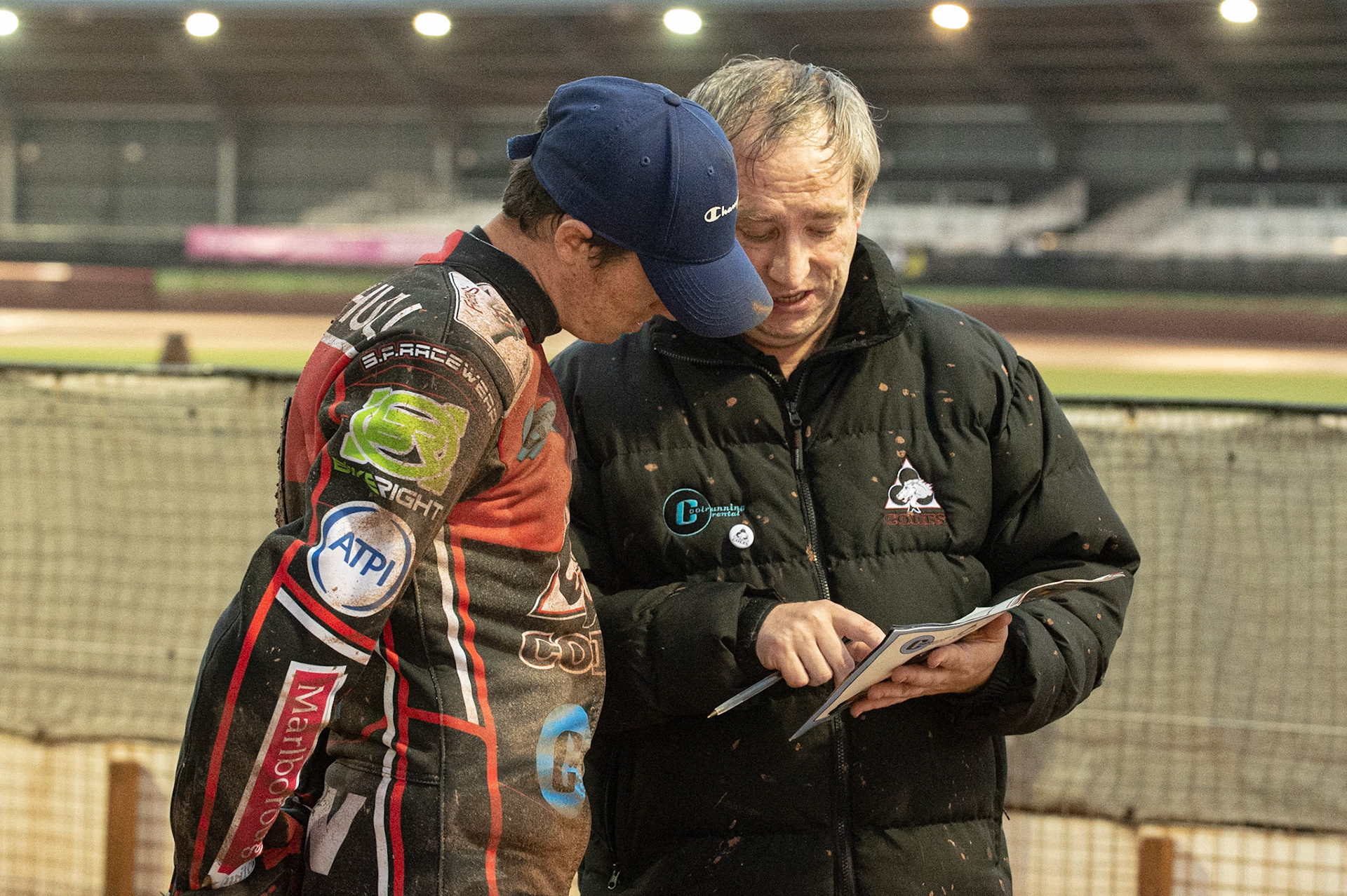 Photo: Ian Charles

Ben Woodhull  (left) chats with Graham Goodwin 

Belle Vue Colts v Kent Kings, SGB National League, Belle Vue National Speedway Stadium, Manchester, Thursday 1  August  2019