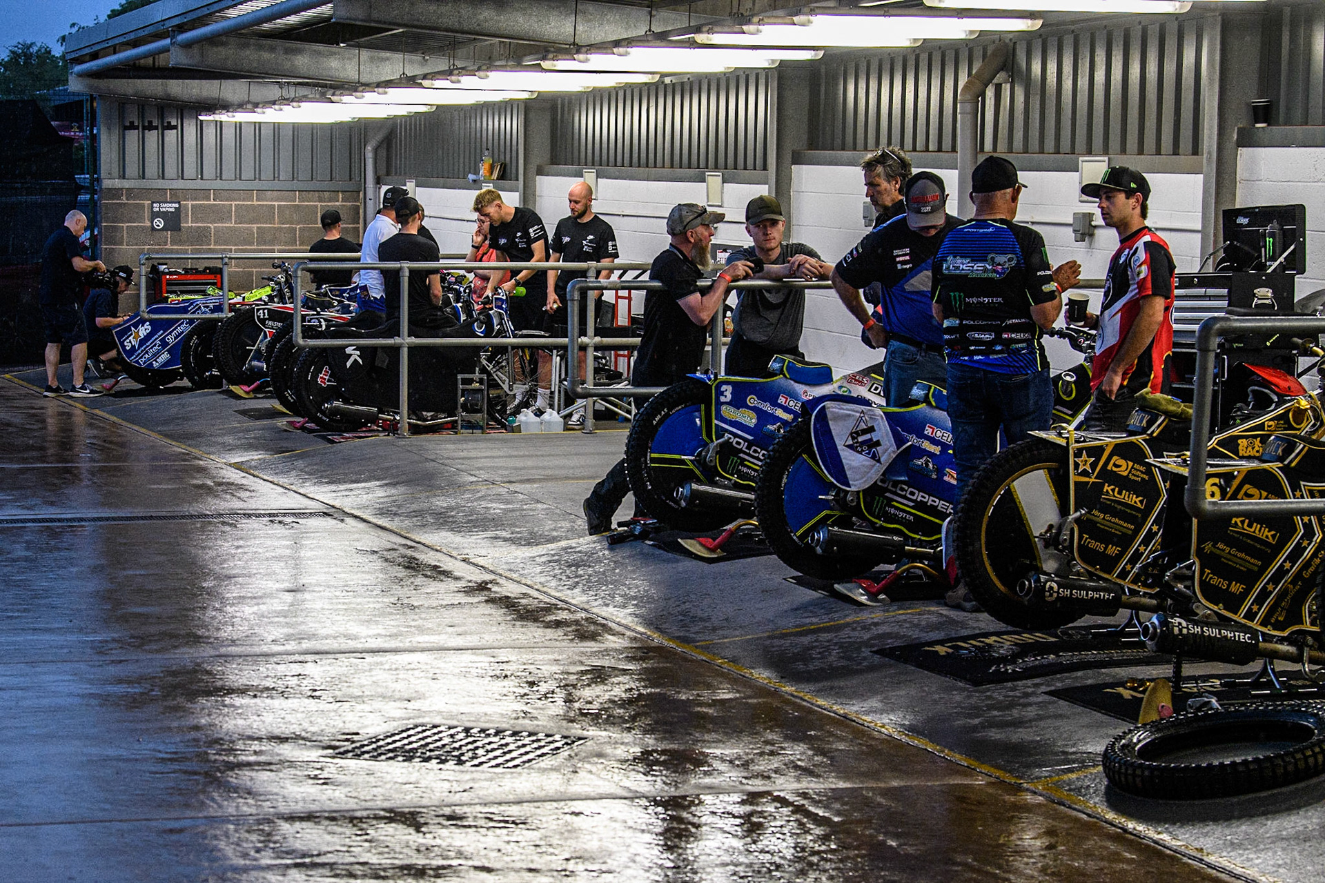 The pits after a sudden downpour prior to the Sports Insure Premiership match between Belle Vue Aces and King's Lynn Stars at the National Speedway Stadium, Manchester on Monday 12th June 2023. (Photo: Ian Charles | MI News)