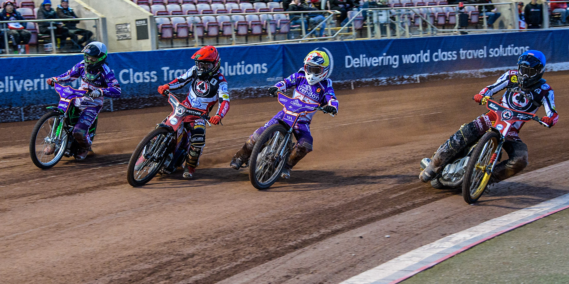 (l - r) Benjamin Basso  (White) Dan Bewley  (Red) Ben Cook  (Yellow) and Norick Blodorn  (Blue) during the SGB Premiership match between Belle Vue Aces and Peterborough at the National Speedway Stadium, Manchester on Monday 24th April 2023. (Photo: Ian Charles | MI News)