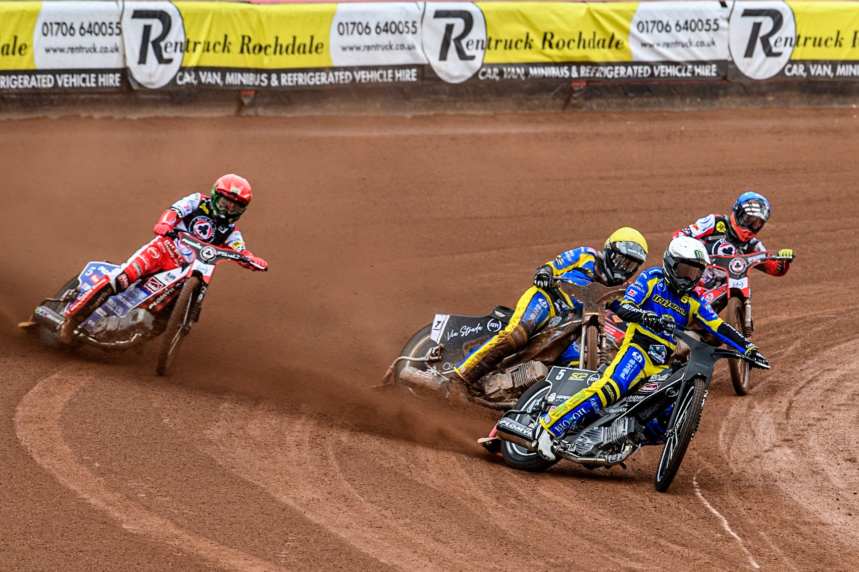 Sheffield Tigers' Tai Woffinden (White) leads  Sheffield Tigers' Dan Gilkes (Yellow) Belle Vue ATPI Aces Dan Bewley (Red) and Belle Vue ATPI Aces Connor Bailey  (Blue) during the Rowe Motor Oil Premiership KO Cup Quarter Final 1st Leg between Belle Vue Aces and Sheffield Tigers at the National Speedway Stadium, Manchester on Monday 1st April 2024. (Photo: Ian Charles | MI News)