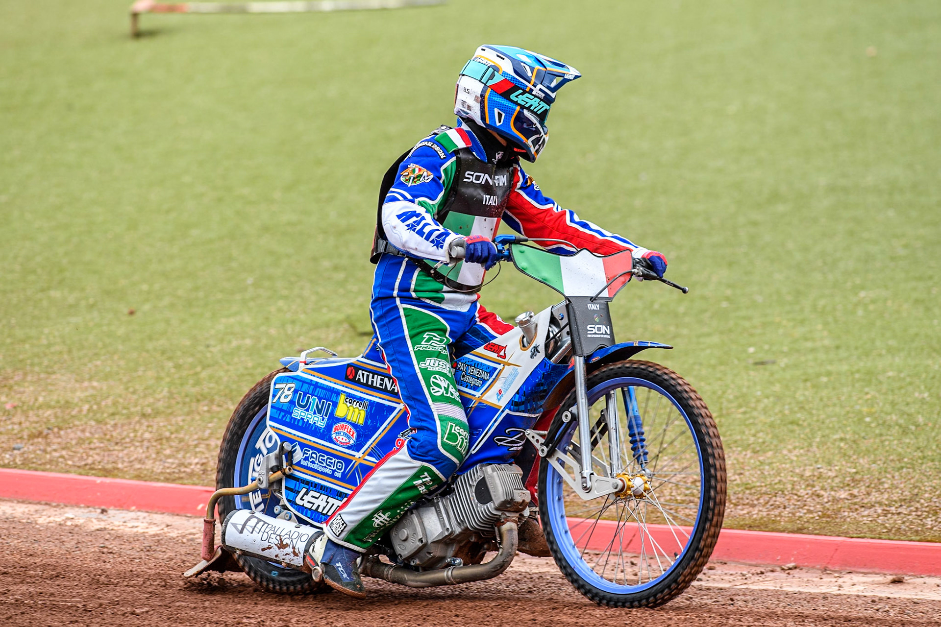 Nicolas Covatti of Italy practices during the Monster Energy FIM Speedway of Nations Semi-Final 1 at the National Speedway Stadium, Manchester on Tuesday 9th July 2024. (Photo: Ian Charles | MI News)