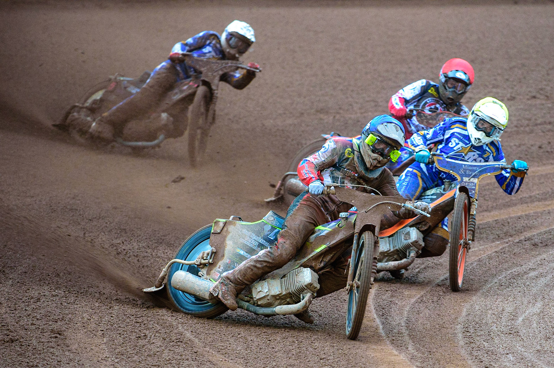 MANCHESTER, UK. MAY 16TH Tom Brennan   (Blue) leads Jack Thomas  (Yellow), Brady Kurtz  (Red) and Josh Pickering  (White) during the SGB Premiership match between Belle Vue Aces and King's Lynn Stars at the National Speedway Stadium, Manchester on Monday 16th May 2022. (Credit: Ian Charles | MI News)