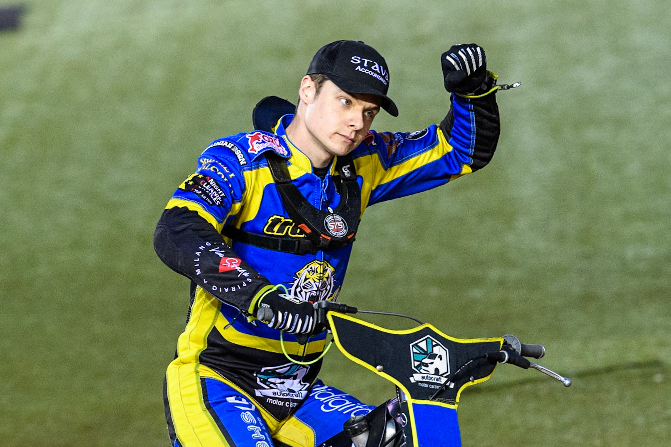 Sheffield Tigers' Dan Gilkes  on the parade lap during the Rowe Motor Oil Premiership Play Off Semi Final 2, 1st Leg match between Belle Vue Aces and Sheffield Tigers at the National Speedway Stadium, Manchester on Monday 16th September 2024. (Photo: Ian Charles | MI News)