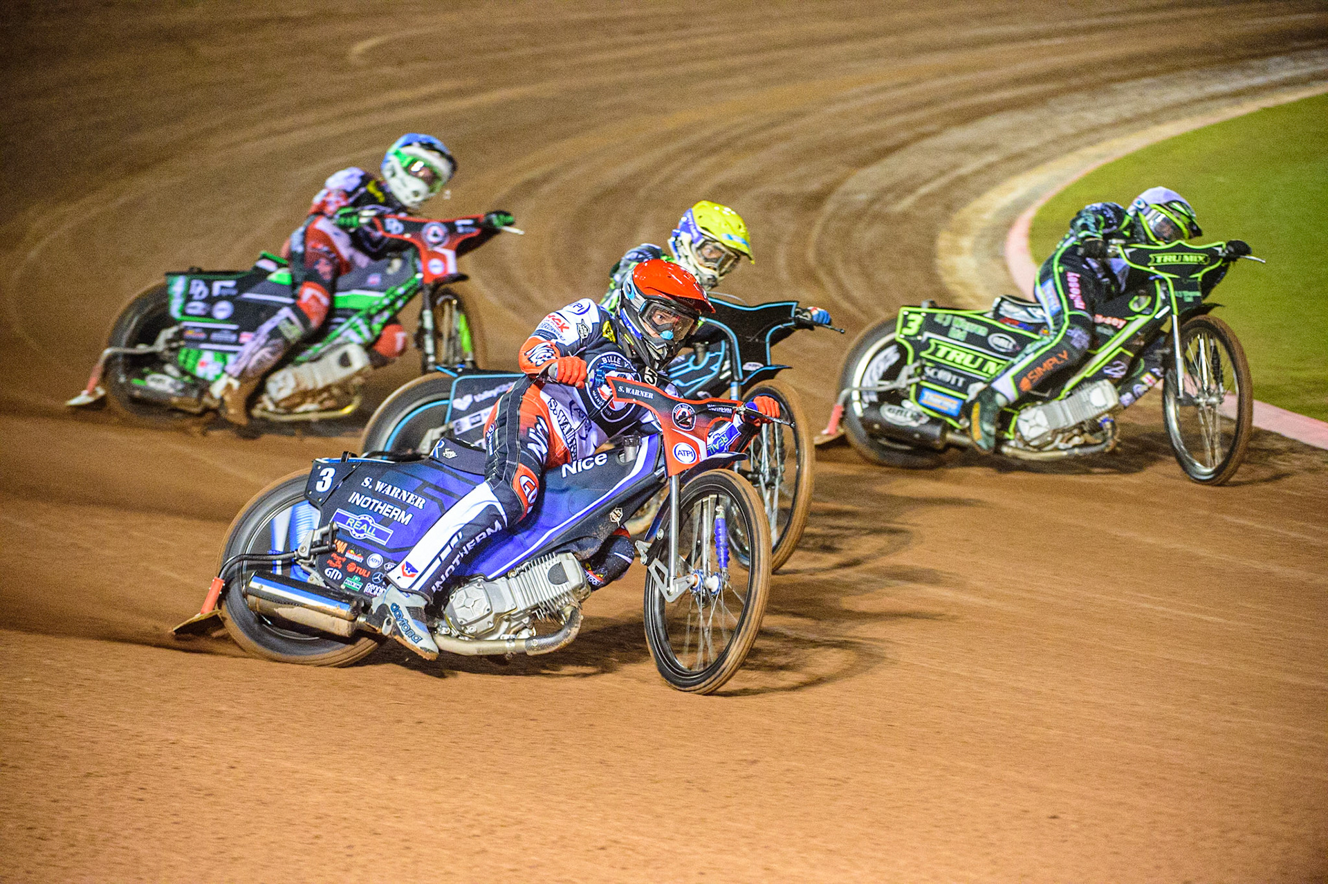 Matej Zagar (Red) outside Rohan Tungate  (Yellow), Danny King  (White) with Charles Wright  (Blue) behind during the SGB Premiership Semi Final 2nd Leg between Belle Vue Aces and Ipswich Witches at the National Speedway Stadium, Manchester on Monday 3rd October 2022. (Credit: Ian Charles | MI News)