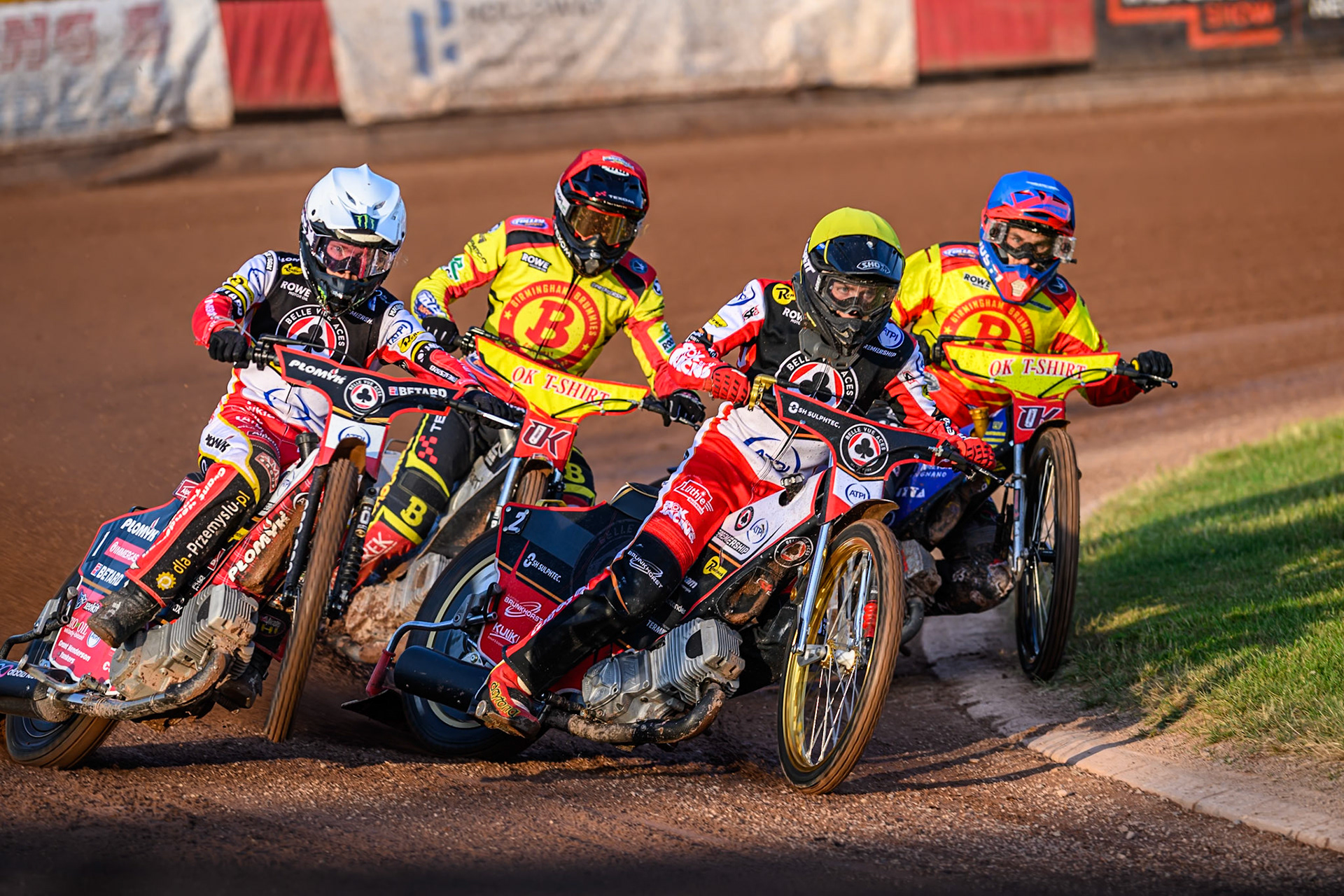 Belle Vue Aces' Dan Bewley in White and Belle Vue Aces' Norick Blodorn in Yellow leading Birmingham Brummies' Tobiasz Musielak in Red and Birmingham Brummies' Paco Castagna in Blue during the Rowe Motor Oil Premiership match between Birmingham Brummies and Belle Vue Aces at Perry Bar Stadium, Birmingham on Monday 2nd June 2025. (Photo: Ian Charles | MI News)