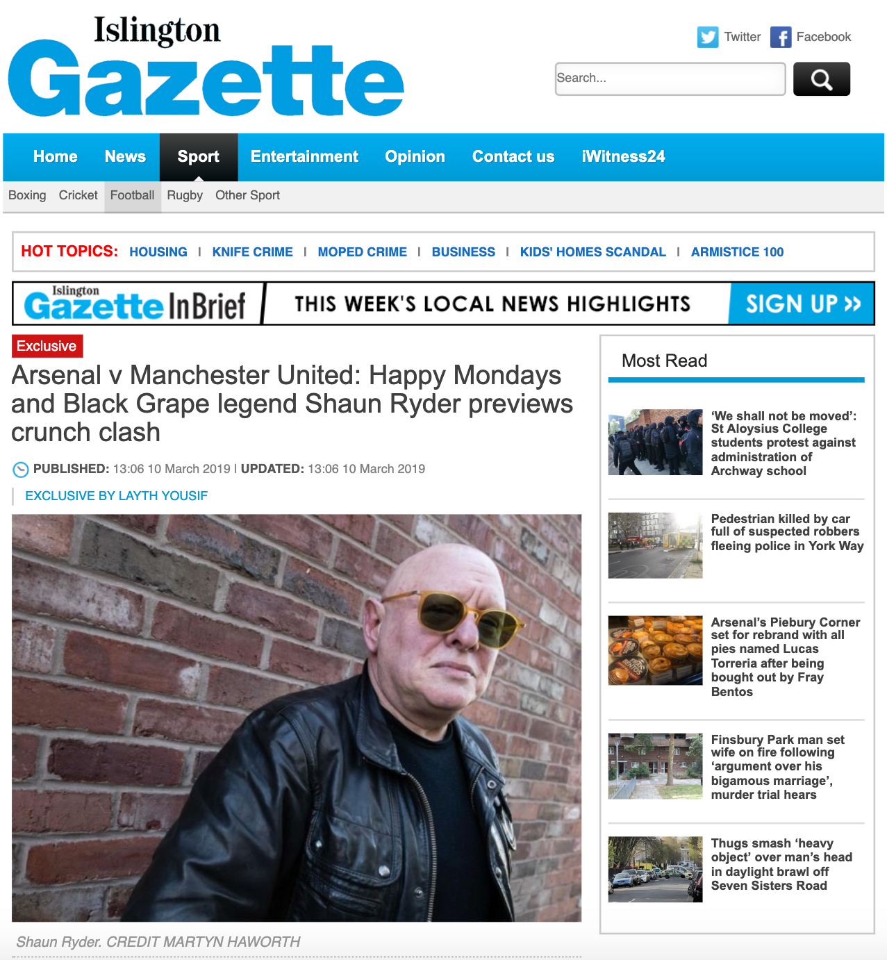 Islington Gazette - 10 MAR 2019 - Shaun Ryder