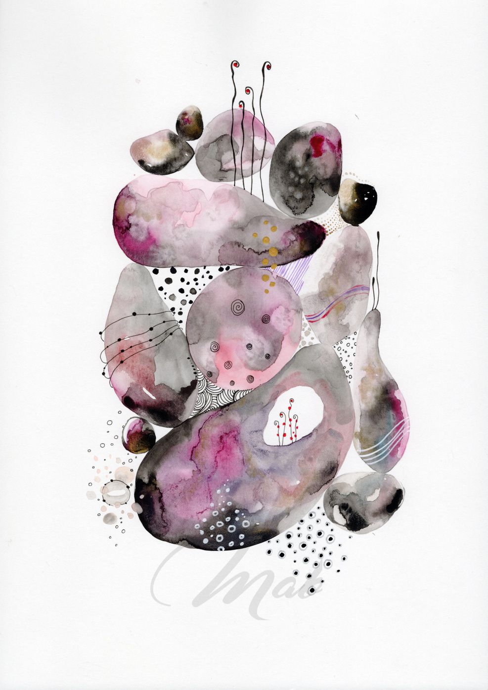 Pebbles insolites - Watercolor, ink and posca