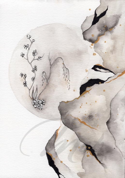 Kintsugi ikebana - Watercolor, ink and posca