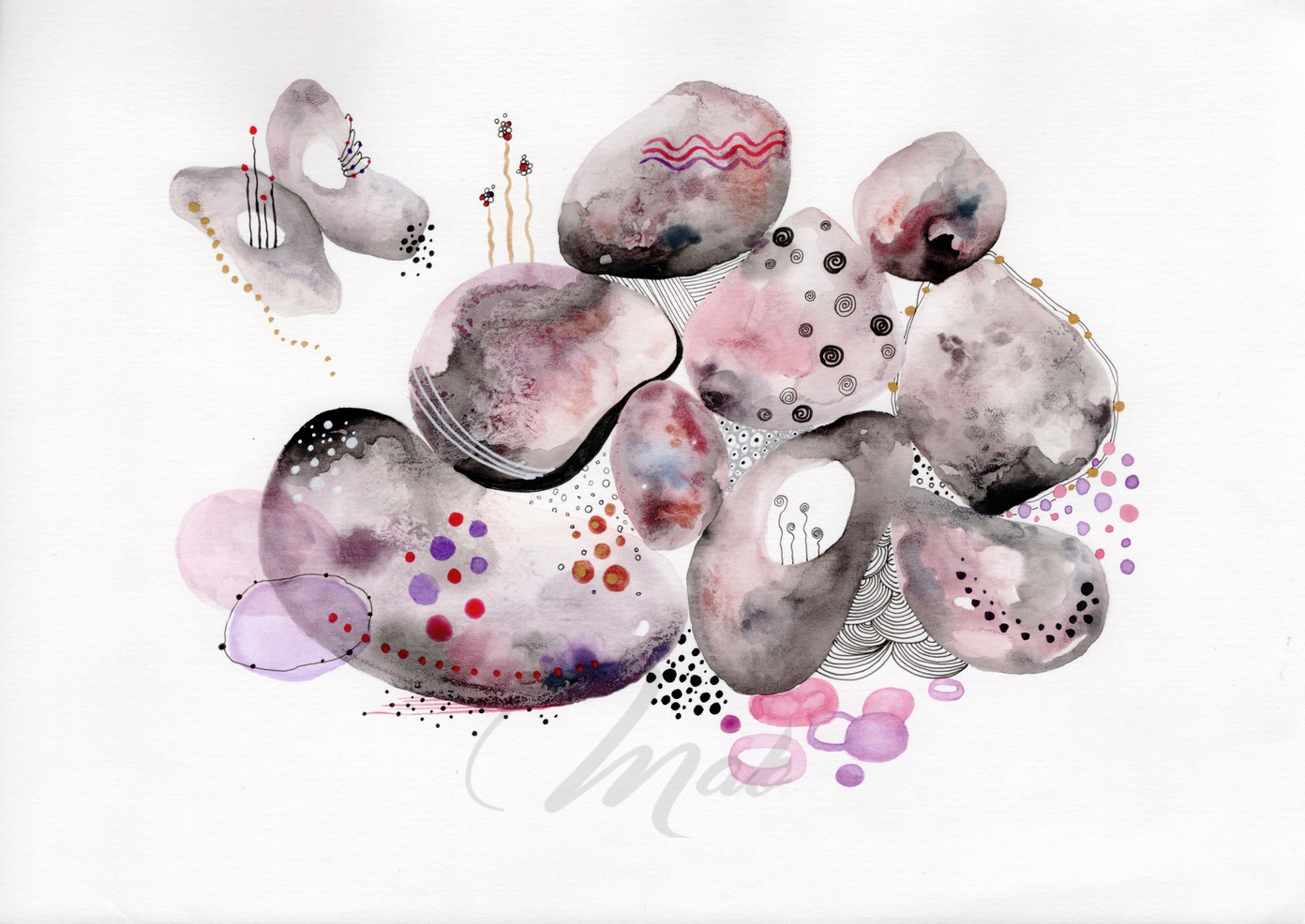 Pebbles papillon - Watercolor, ink and posca
