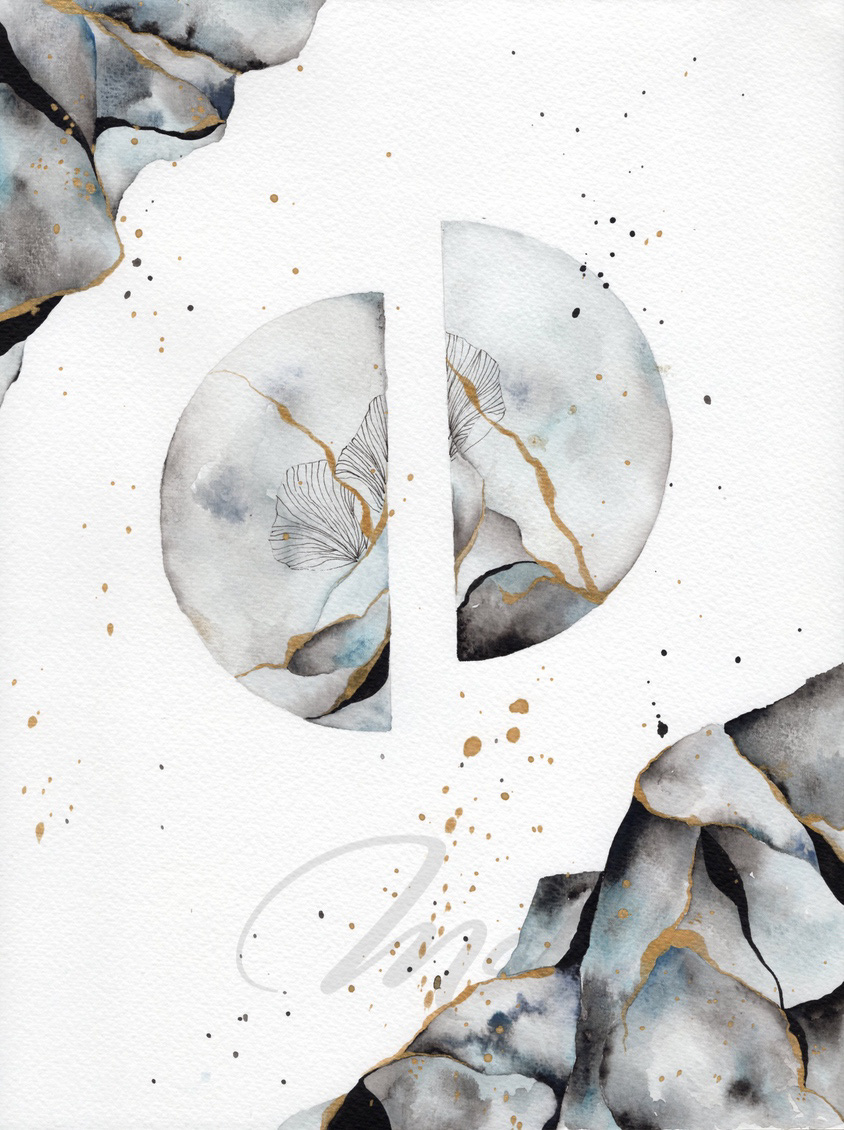 Kintsugi ginkgo - Watercolor, ink and posca