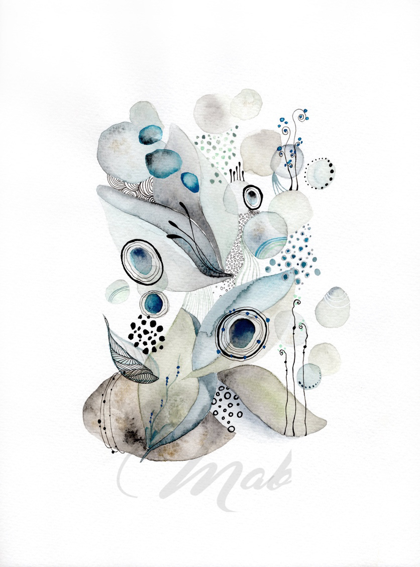 Pebbles feuilles - Alma - Watercolor, ink and posca