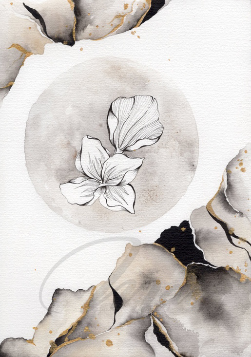 Kintsugi duo floral - Watercolor, ink and posca