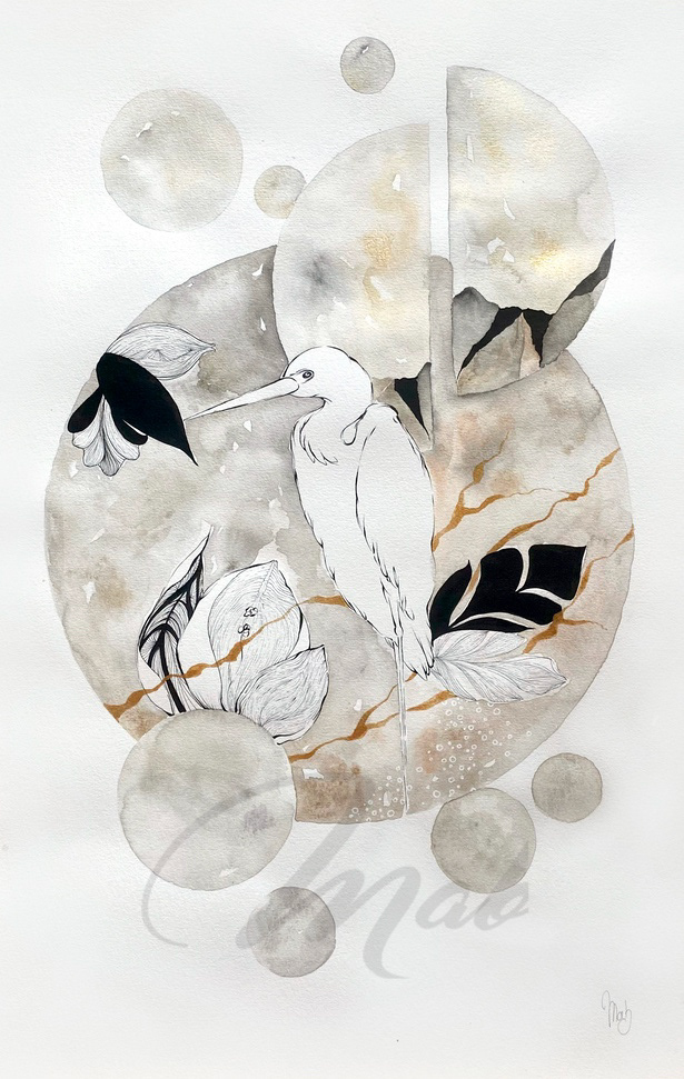 Kintsugi grue - Watercolor, ink and posca