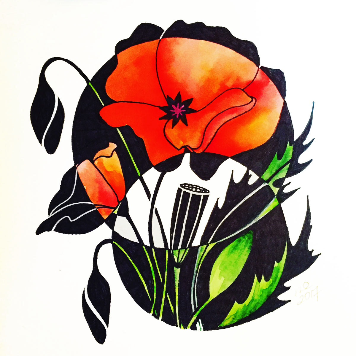 Poppies | Ink & Watercolor