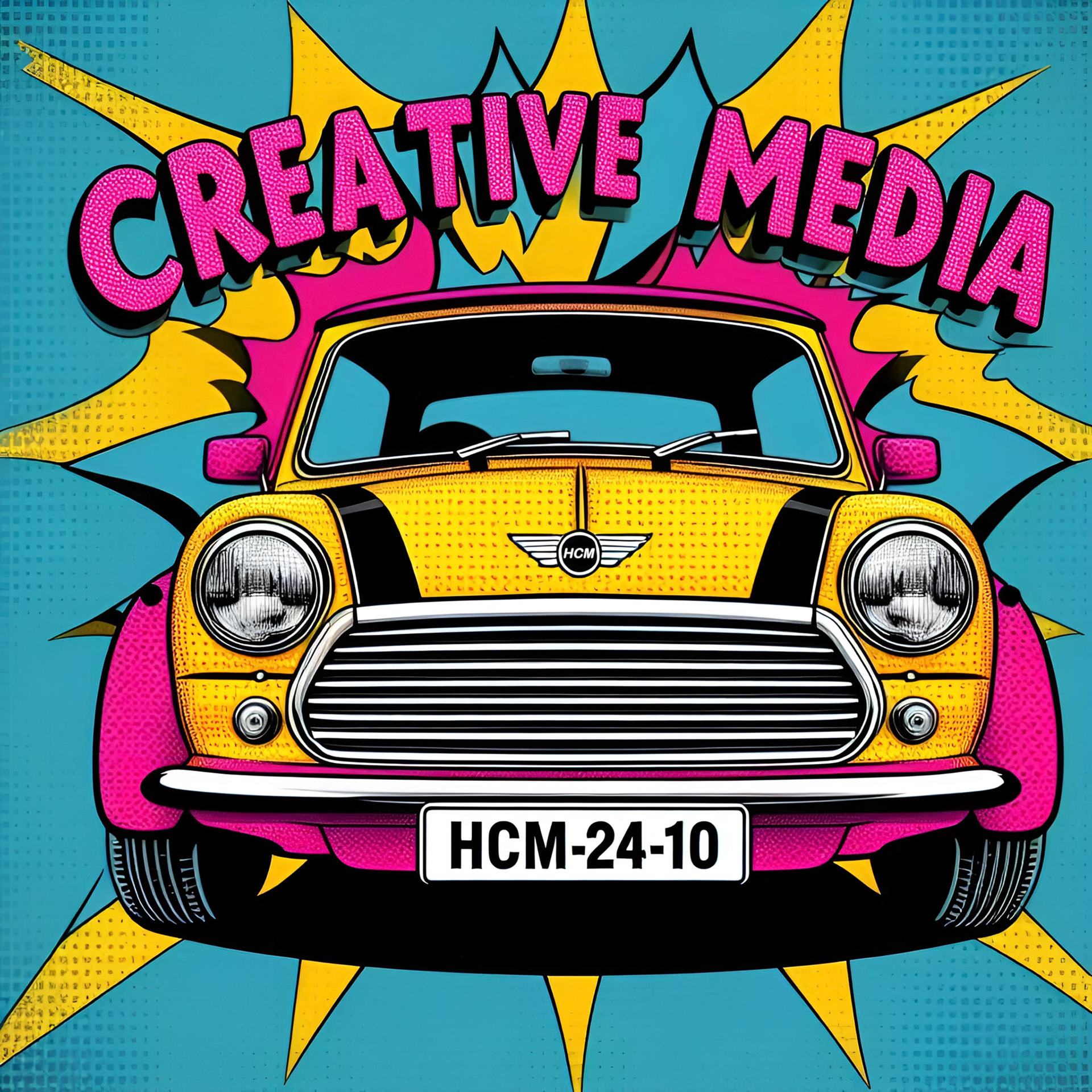 Pop_art_image_of_a_mini_with_vibrant_colors__bright_pink__bright_yellow__bright_light_blue__and_hard_black_lines._Incorporate_the_name_Creative_Media_in_the_background_in_a_pop_art_style__and_include_the_number_plate_HCM-24-10