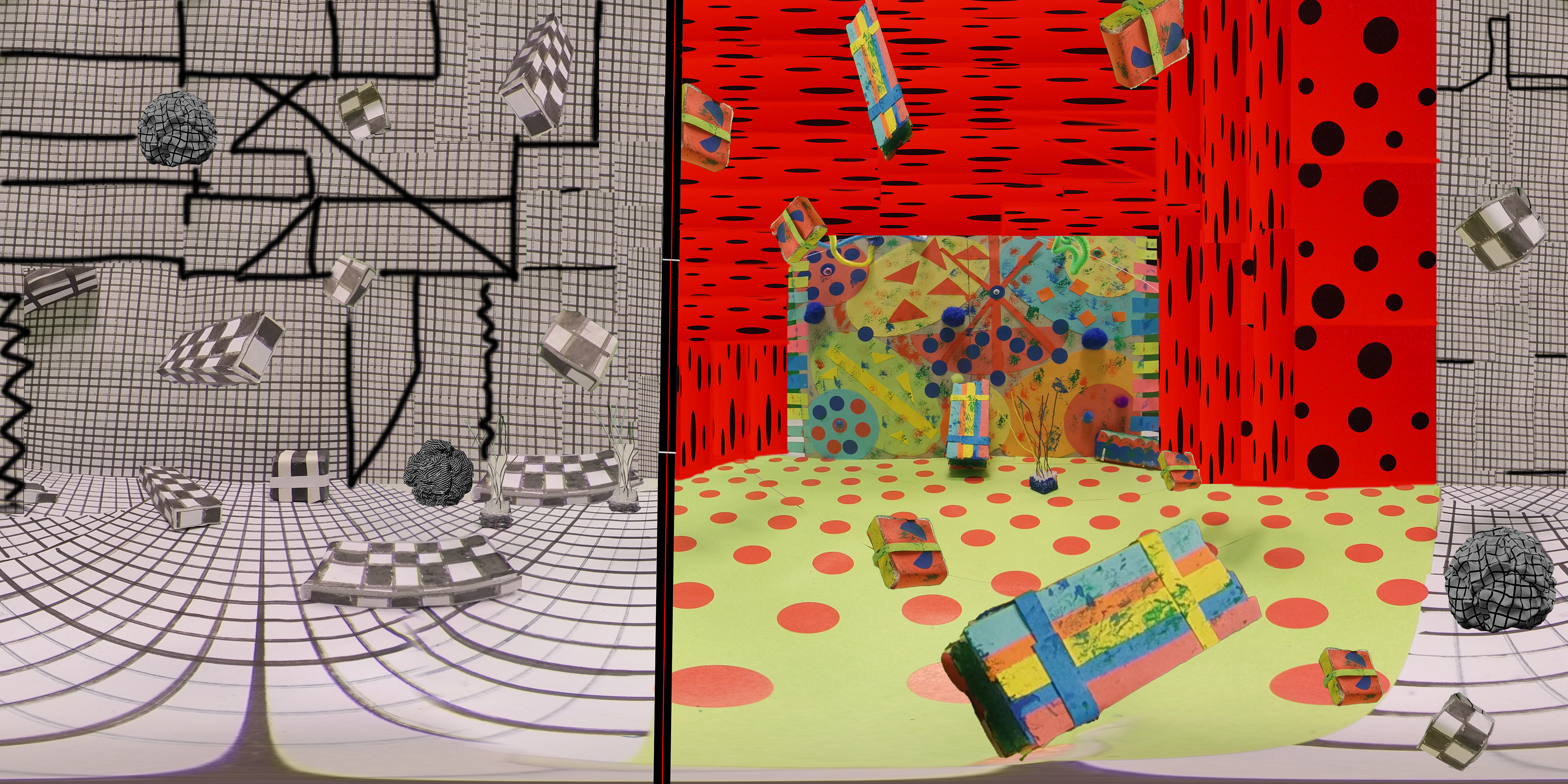 Harmony in Contrast _Step into our exhibition room, split into two worlds inspired by Esther Stocker and Yayoi Kusama. On one side, embrace the sleek charm of black-and-white influenced by Stocker. On the flip side, dive into the vibrant hues inspired by Kusama. The intentional imperfections in this 360-degree snapshot highlight the coexistence of neat precision and lively chaos. 'Harmony in Contrast' is the theme, where intentional quirks in the exhibit room symbolize the beautiful dance between order and wildness. Explore each side, and you'll discover the captivating equilibrium born from the intriguing interplay of these two distinct artistic visions.