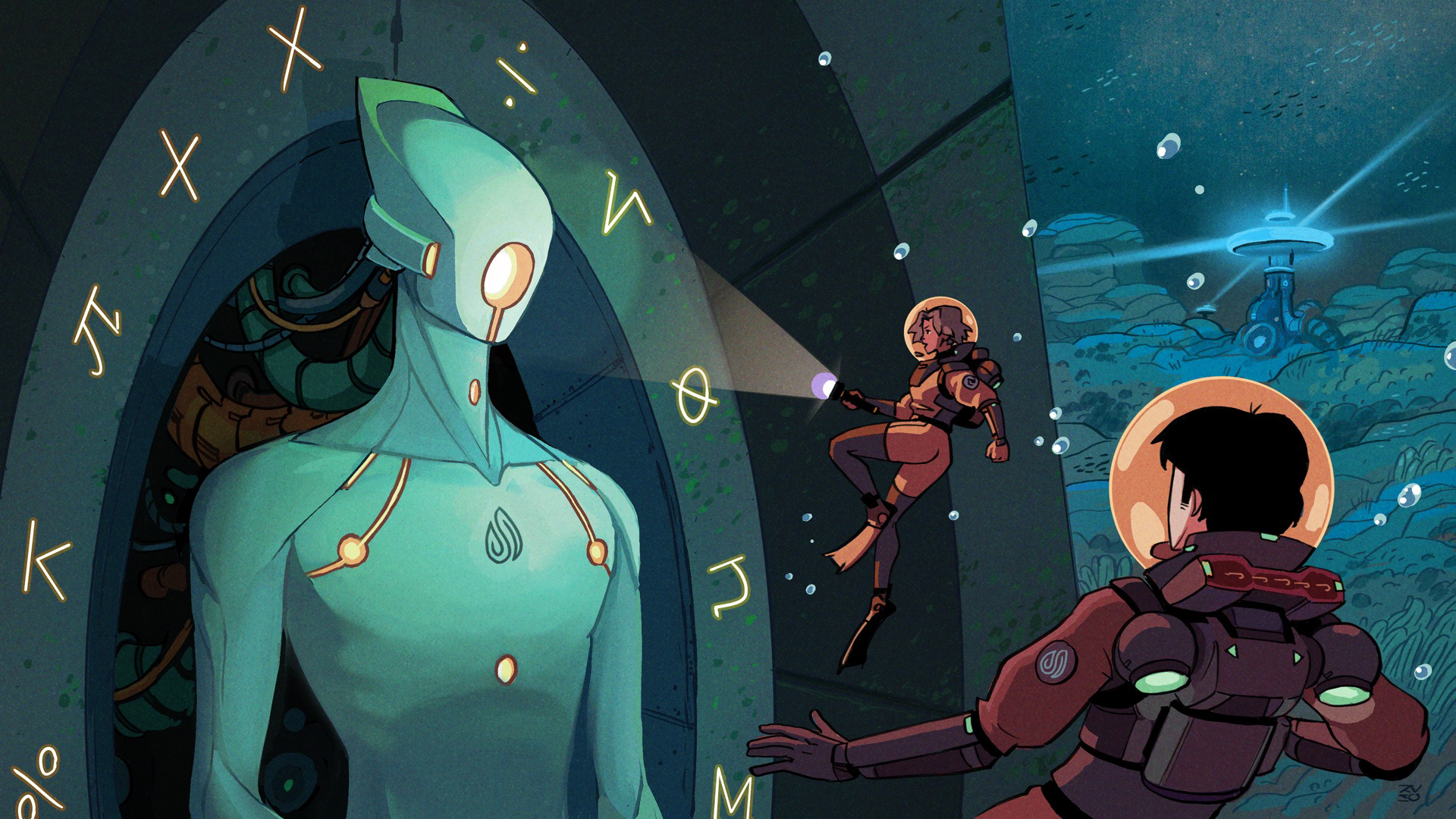 Illustration: Main characters discovering the underwater god