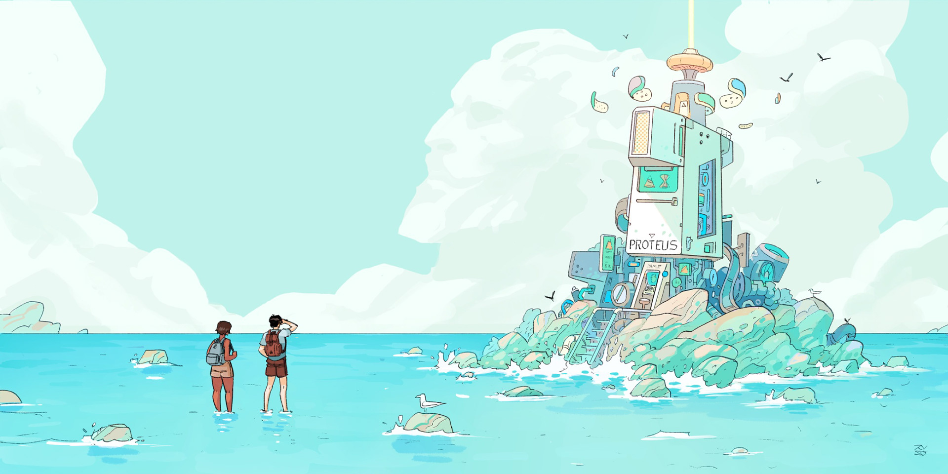 Illustration: Alice & Bob looking at the sci-fi lighthouse