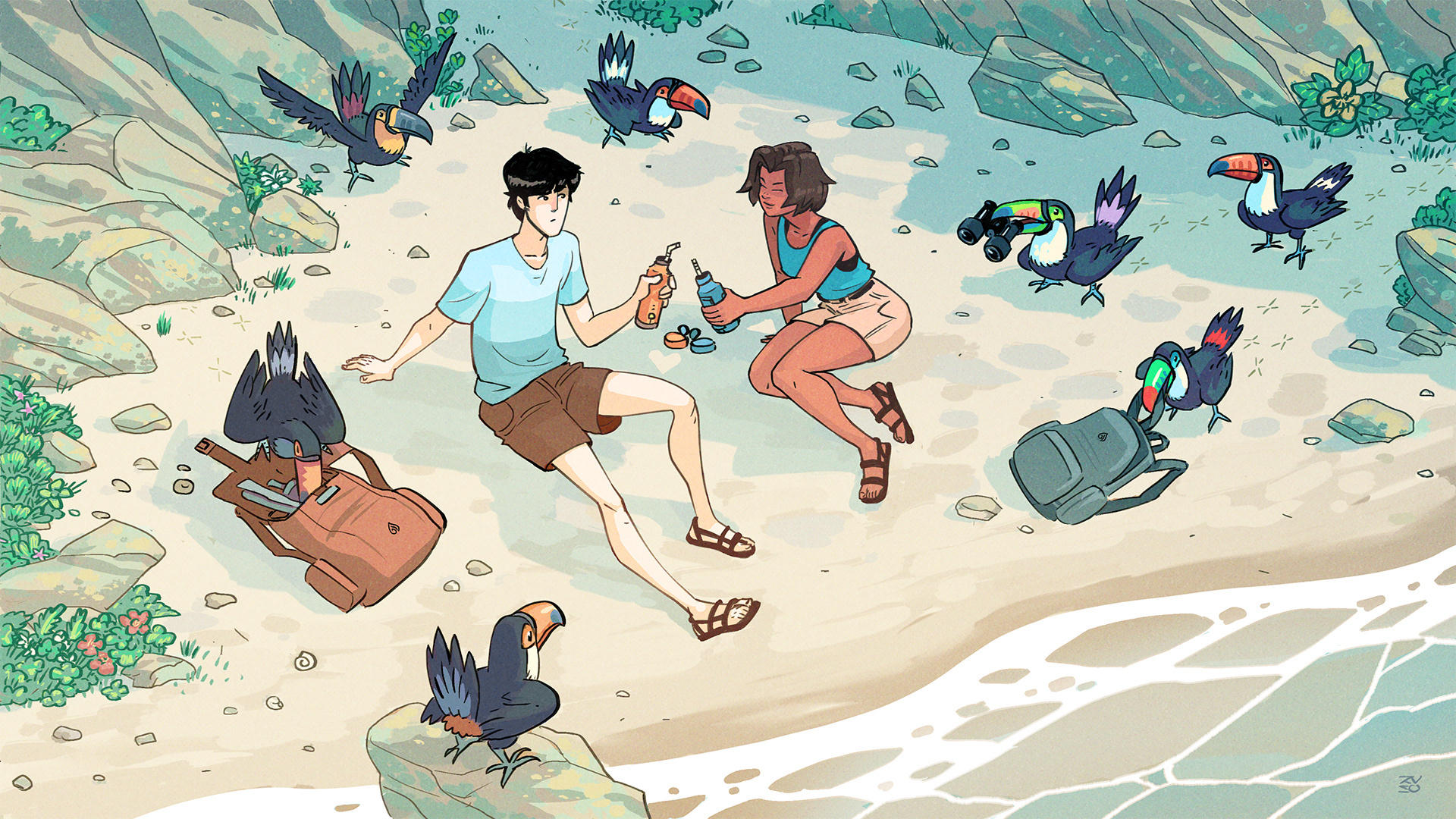 Illustration: Alice & Bob chilling at the toucan beach