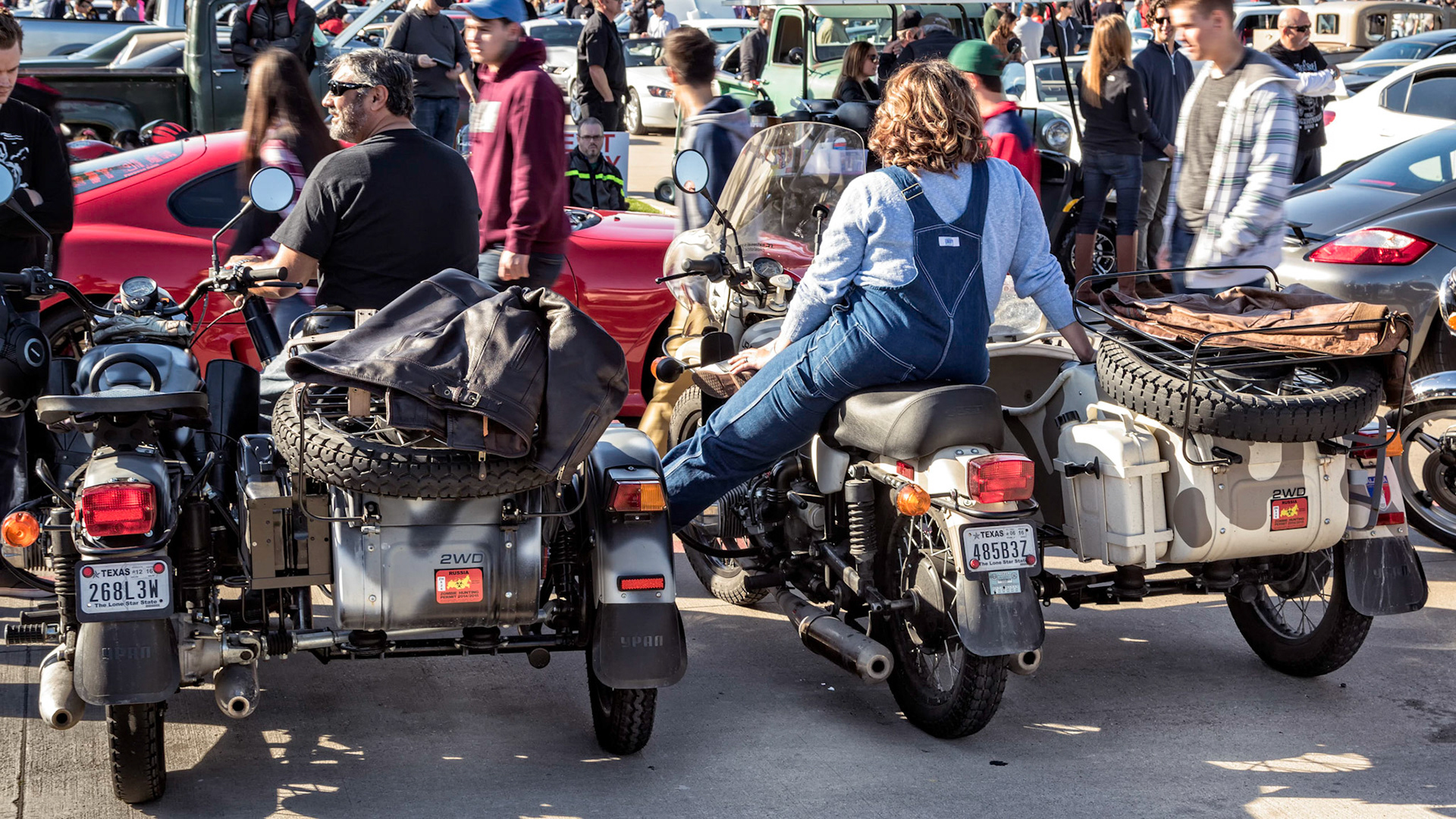Look carefully at the red decals on the back of the sidecars.The left tyre on the bike on the left worries me.