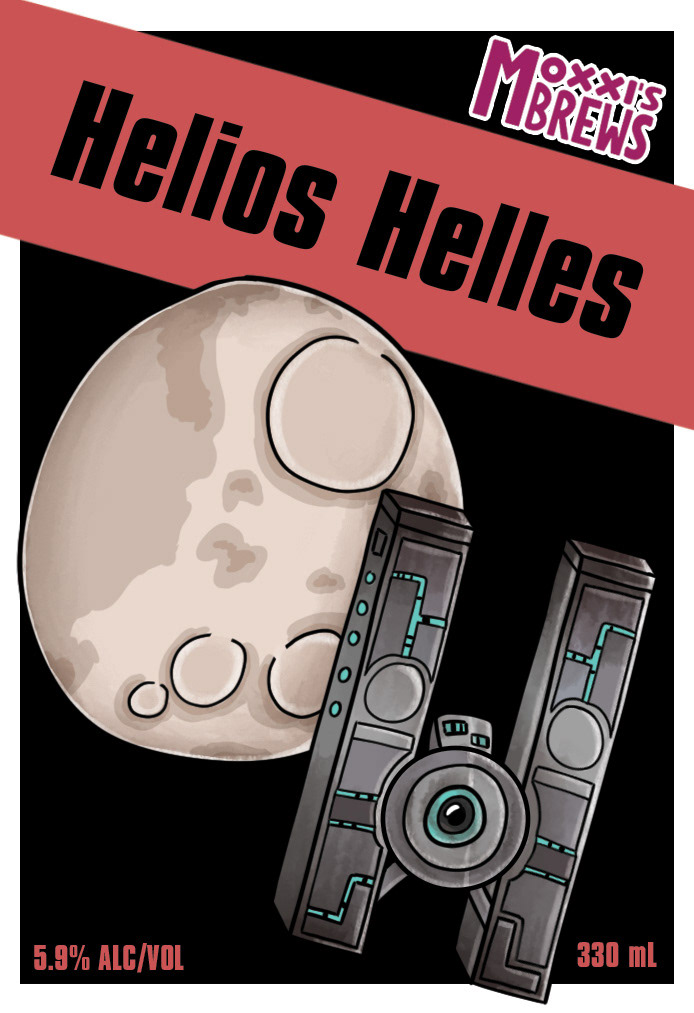 Full colour beer label with moon and space station illustration, helios helles