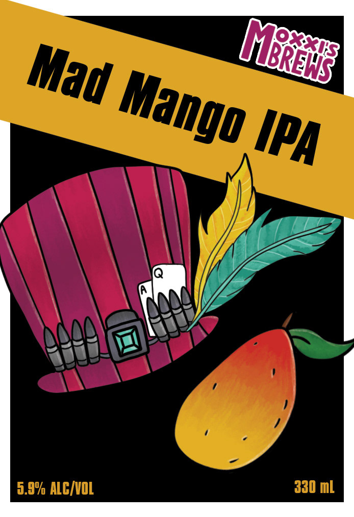 Full colour beer label with mango and hat illustration, mad mango ipa