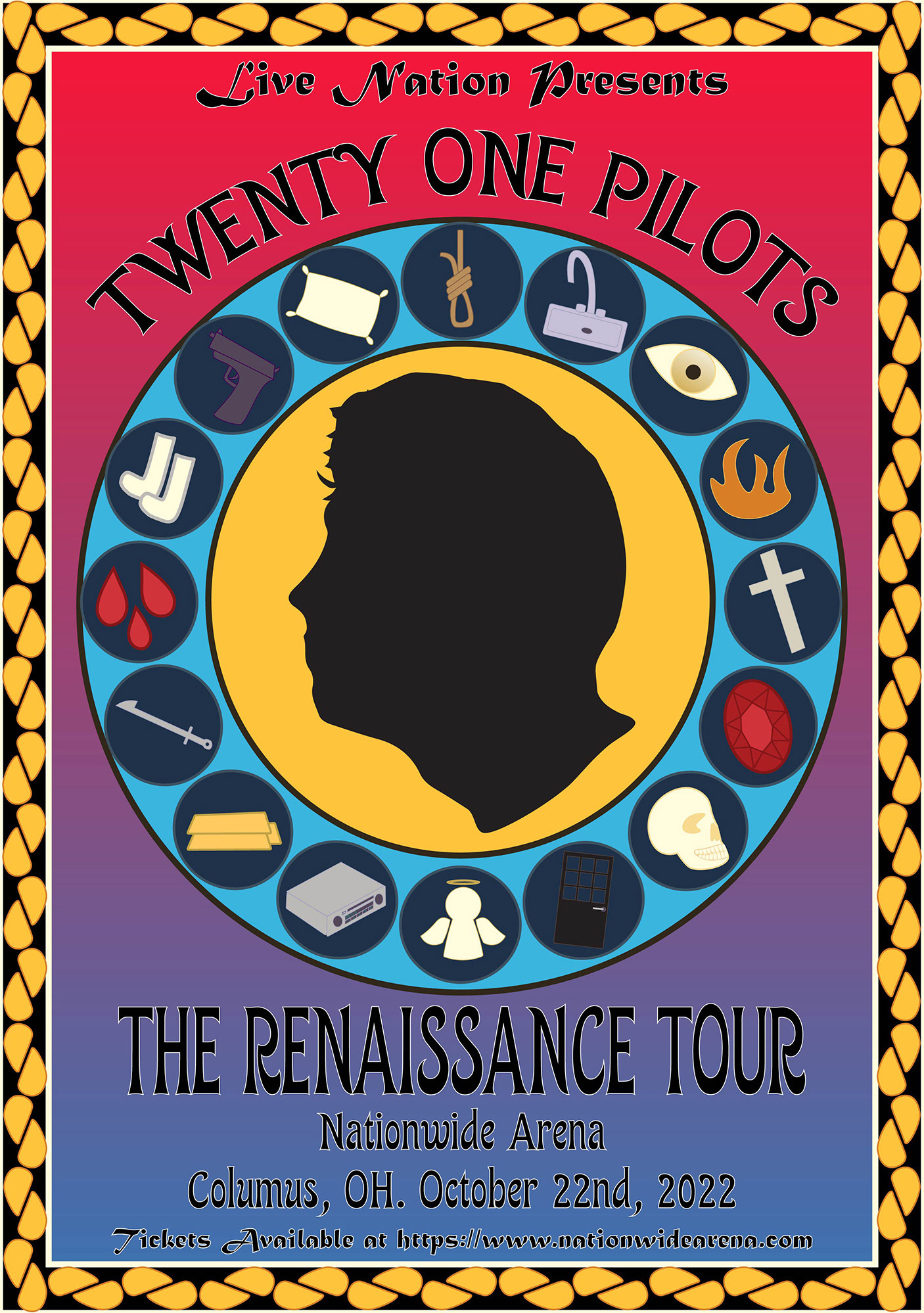 First rough design in colour of tour poster text reads twenty one pilots the renaissance tour nation wide arena columus oh october 22nd 2002