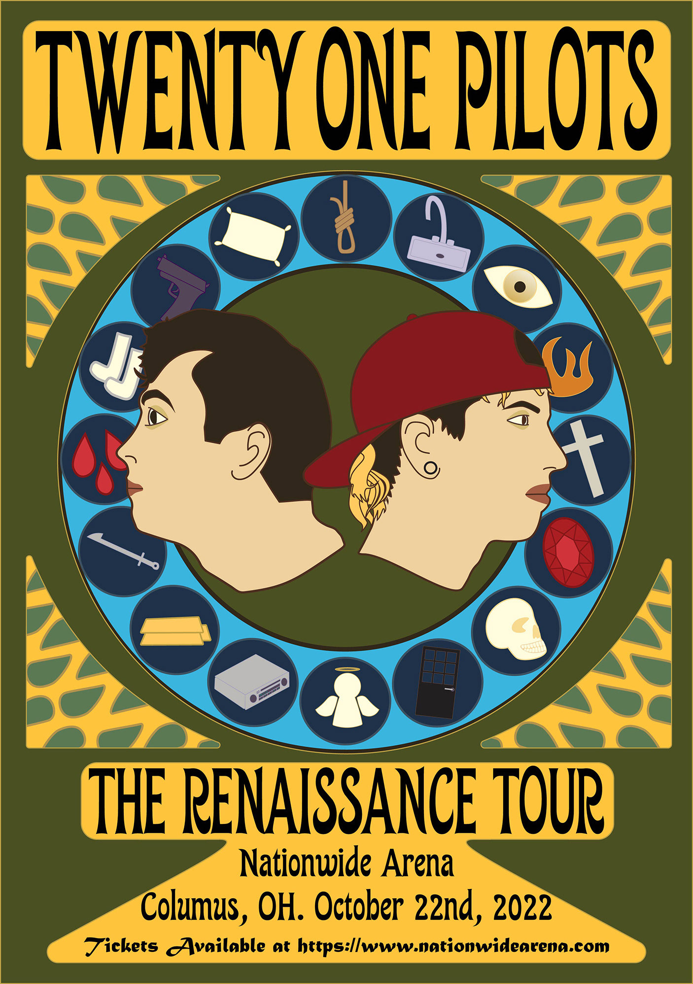 Second rough design in colour of tour poster text reads twenty one pilots the renaissance tour nation wide arena columus oh october 22nd 2002