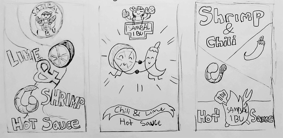 hot sauce label concept sketch thumbnails with lime and chili pepper