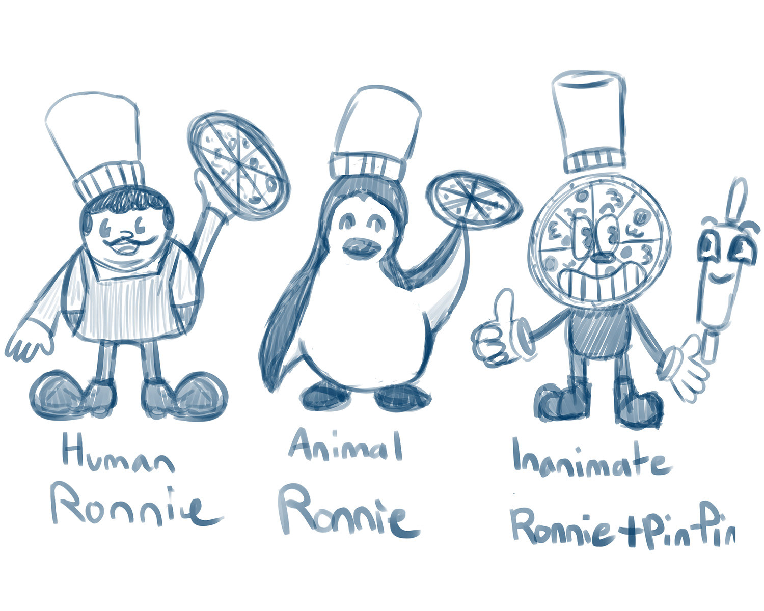 character design concepts penguin man and pizza