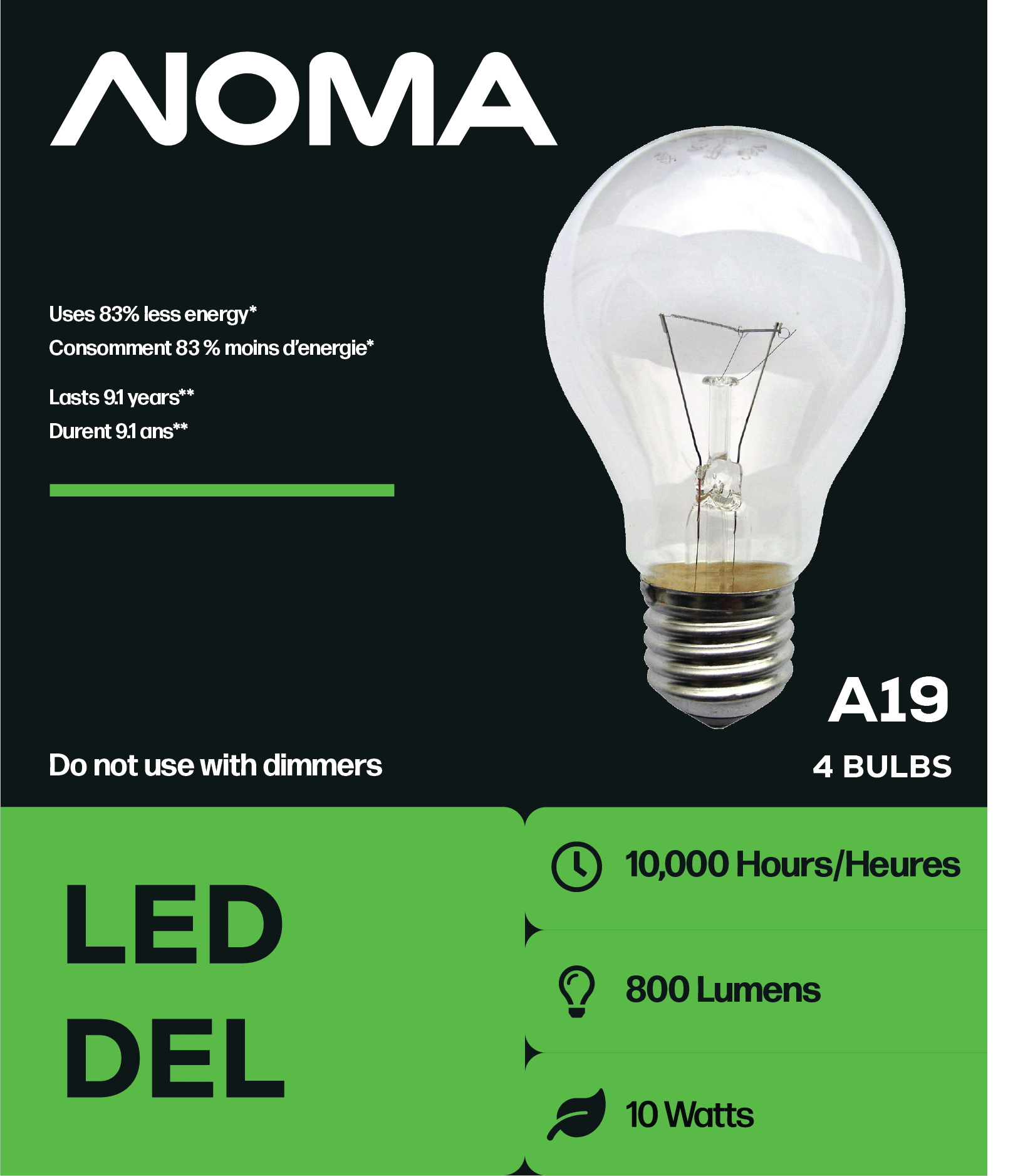 Front design of lightbulb packaging with large lightbulb, noma logo in green and black