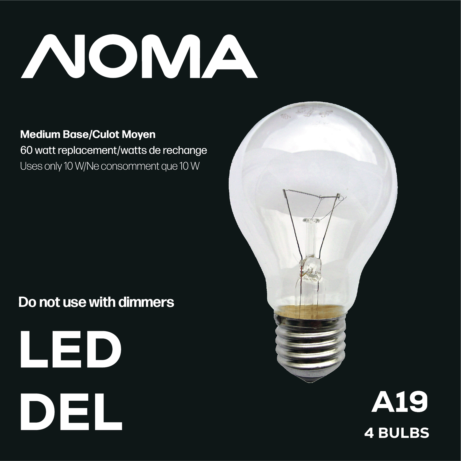 Top design of lightbulb packaging with large lightbulb and noma logo in black