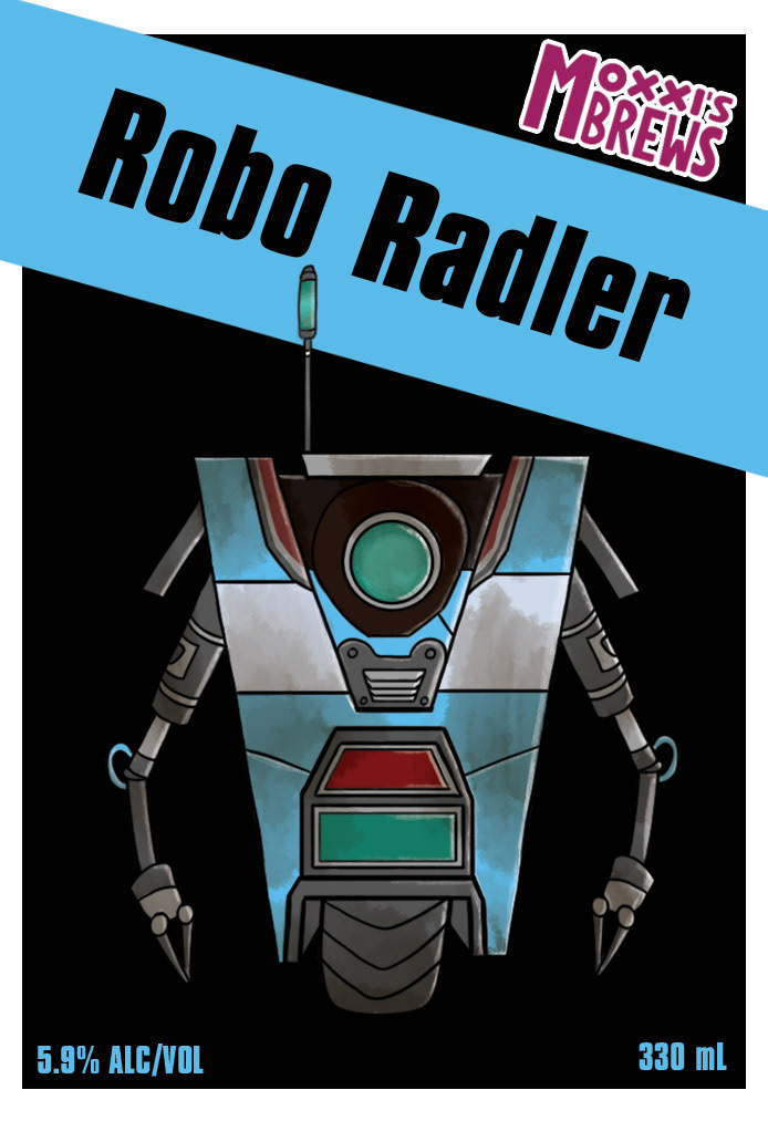 Full colour beer label with robot illustration, robo radler