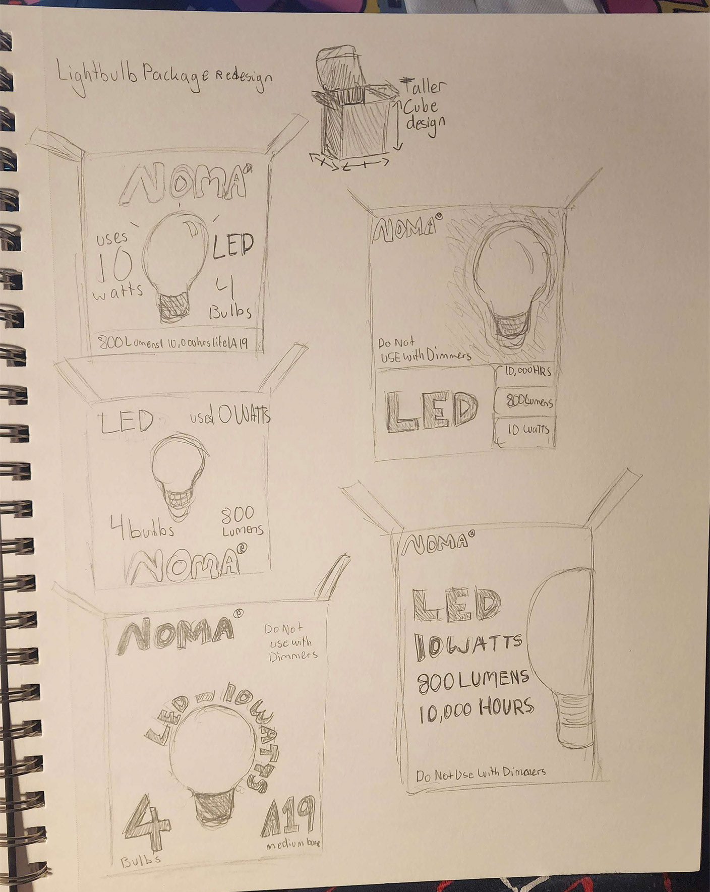 lightbulb packaging design sketch thumbnails