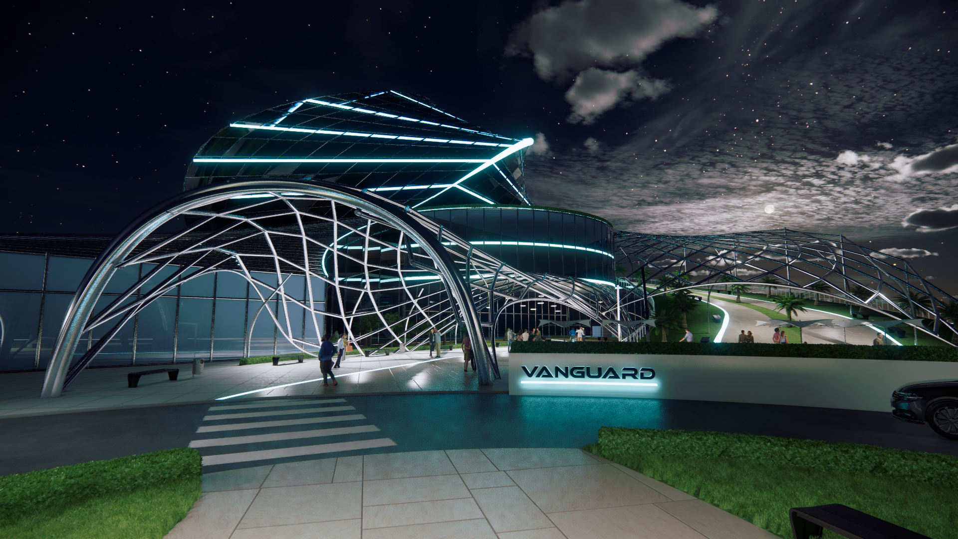The Vanguard Hotel exterior at night