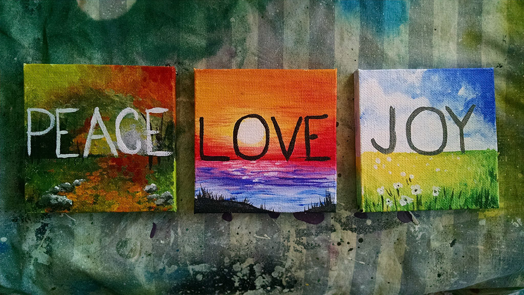 Peace Love Joy 3x3 Trio Acrylic on Canvas by Novastarr Nelson, Photo, Sold Art