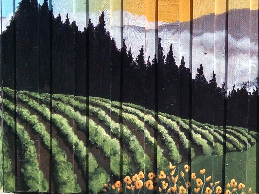Private Gate Sunrise Mural Poppies and Vineyards Closeup Photo