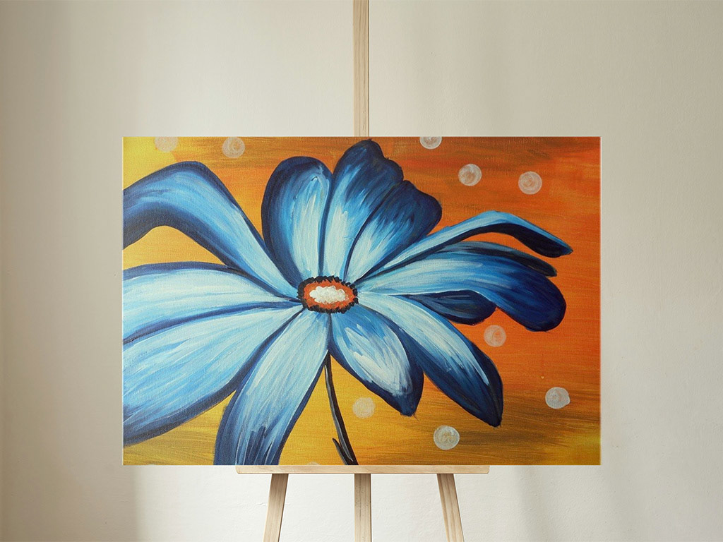 Blue Daisy on Orange 16x20 Acrylic on Canvas by Novastarr Nelson Mockup by Canva