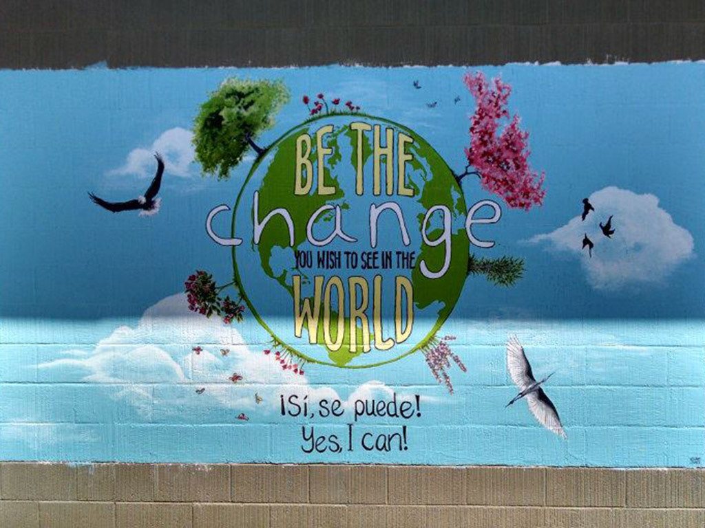 Be the Change 5x10 Mural on Brick Elementary School Commission Art