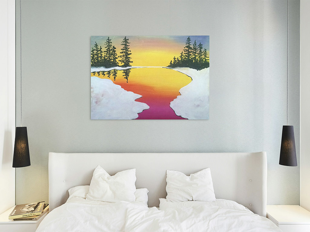 Snowy Sunrise Over Lake 16x20 Acrylic on Canvas by Novastarr Nelson Mockup by Canva