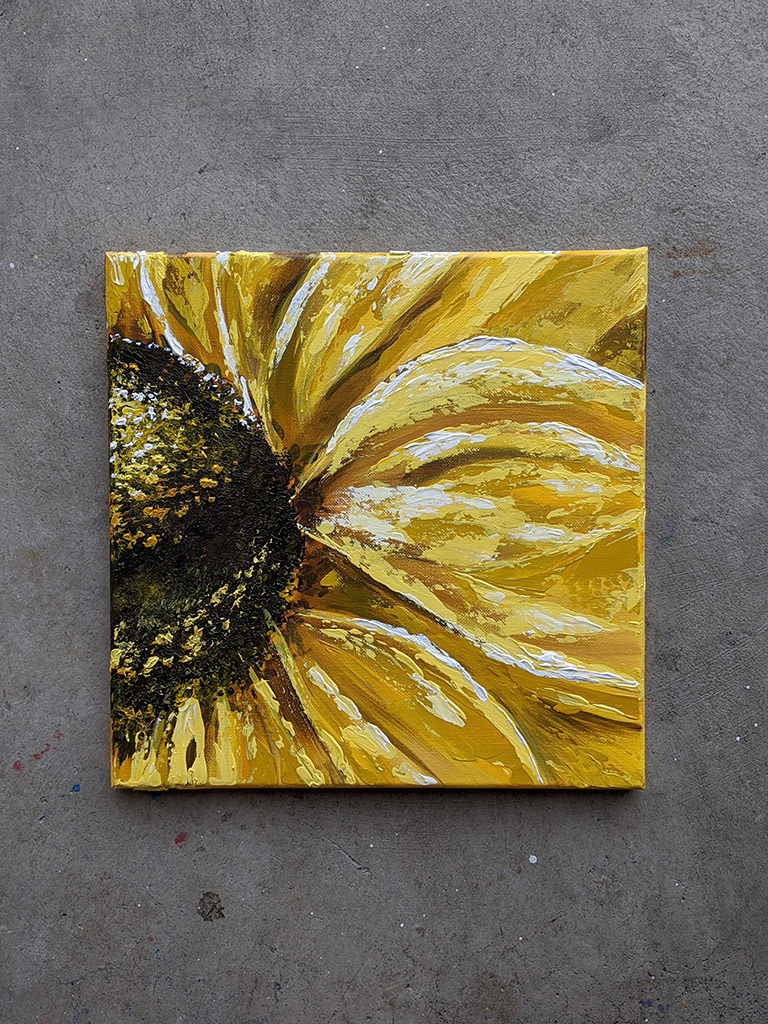 Summer Sunflower 12x12 Acrylic on Canvas by Novastarr Nelson Photo on Concrete