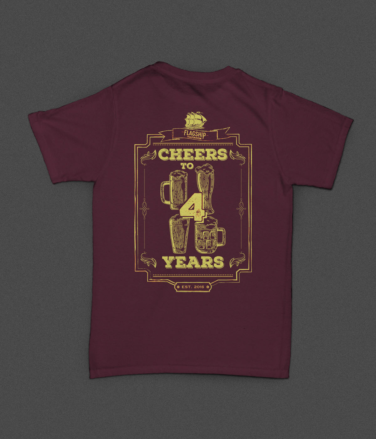 Flagship Taproom 4 Year Anniversary Event Mockup of T-Shirt Graphic Designed by Novastarr Nelson