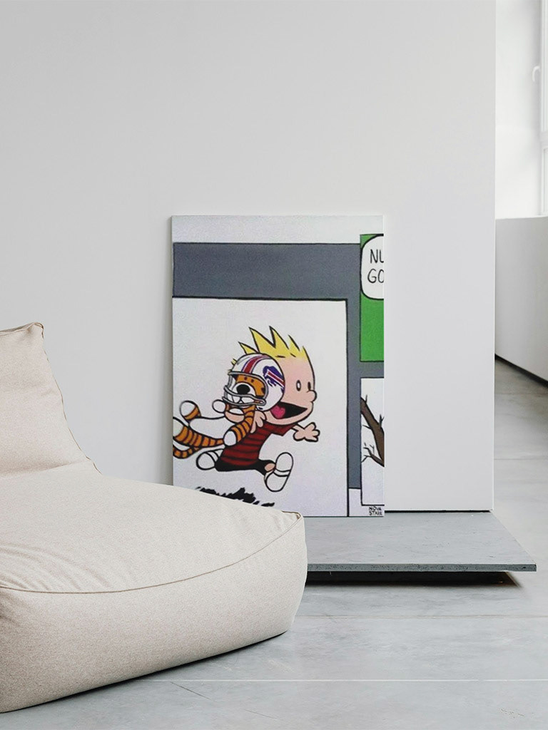 Calvin and Hobbes and The Buffalo Bills 24x18 Acrylic on Canvas by Novastarr Nelson Mockup by Canva, Fan Art