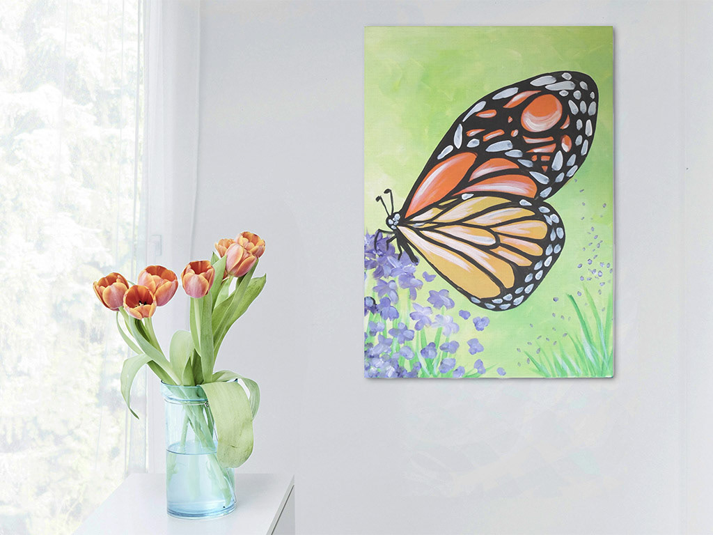 Monarch Butterfly on Lavender in Green 20x16 Acrylic on Canvas by Novastarr Nelson Mockup by Canva