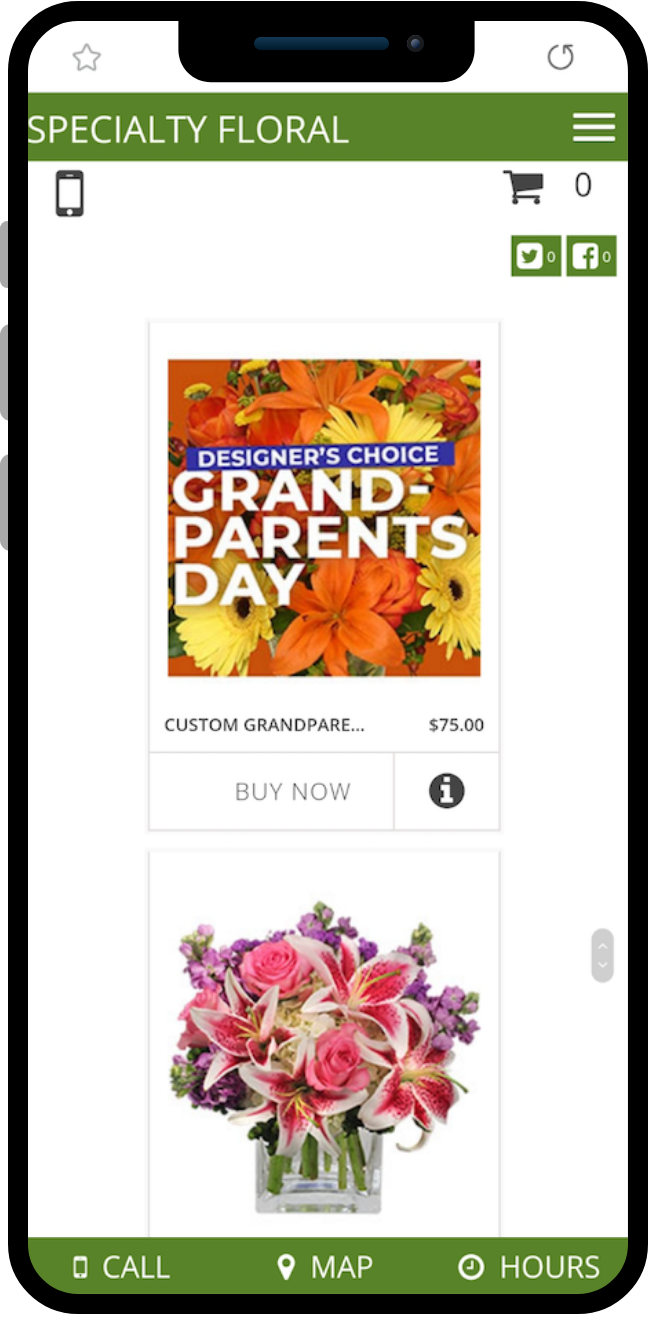 Existing screenshot of landing page of Specialty Floral, mobile version.