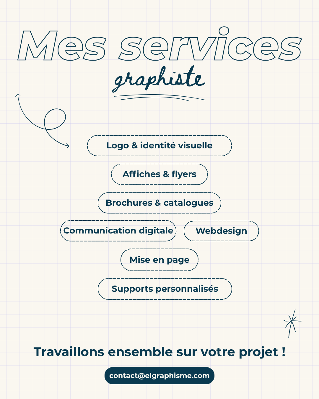mes services en tant que graphiste freelance dans le loiret. Création de logo, d'ientité visuelle, d'affiches, de flyers, de brochures, de catalogue, communication digitale, webdesign, création de site internet, réseaux sociaux, mise en page, print, édition, supports personnalisés, goodies, charte graphique...