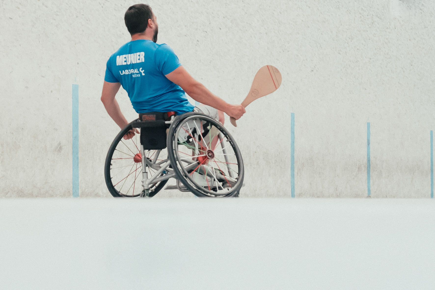 France, Bayonne, 2023-06-15. Basque pelota, a history of transmission in a sport with a long tradition. Discover the diversity of pelota with female players et with the French team's handi pelota section. Plays up front. Very complementary with Maixi. Both are vice world champions in 2022. Photograph by romain de sigalas / hans lucas. France, bayonne, 2023-06-15. La pelote Basque, une histoire de transmission dans un sport de longue tradition. A la rencontre de la diversite de la pelote avec les joueuses et egalement la section handi pelote de l equipe de France. Yann joue devant. Tres complementaire avec Maixi. Tous les deux sont vice champions du monde en 2022. Photographie de romain de sigalas / hans lucas.