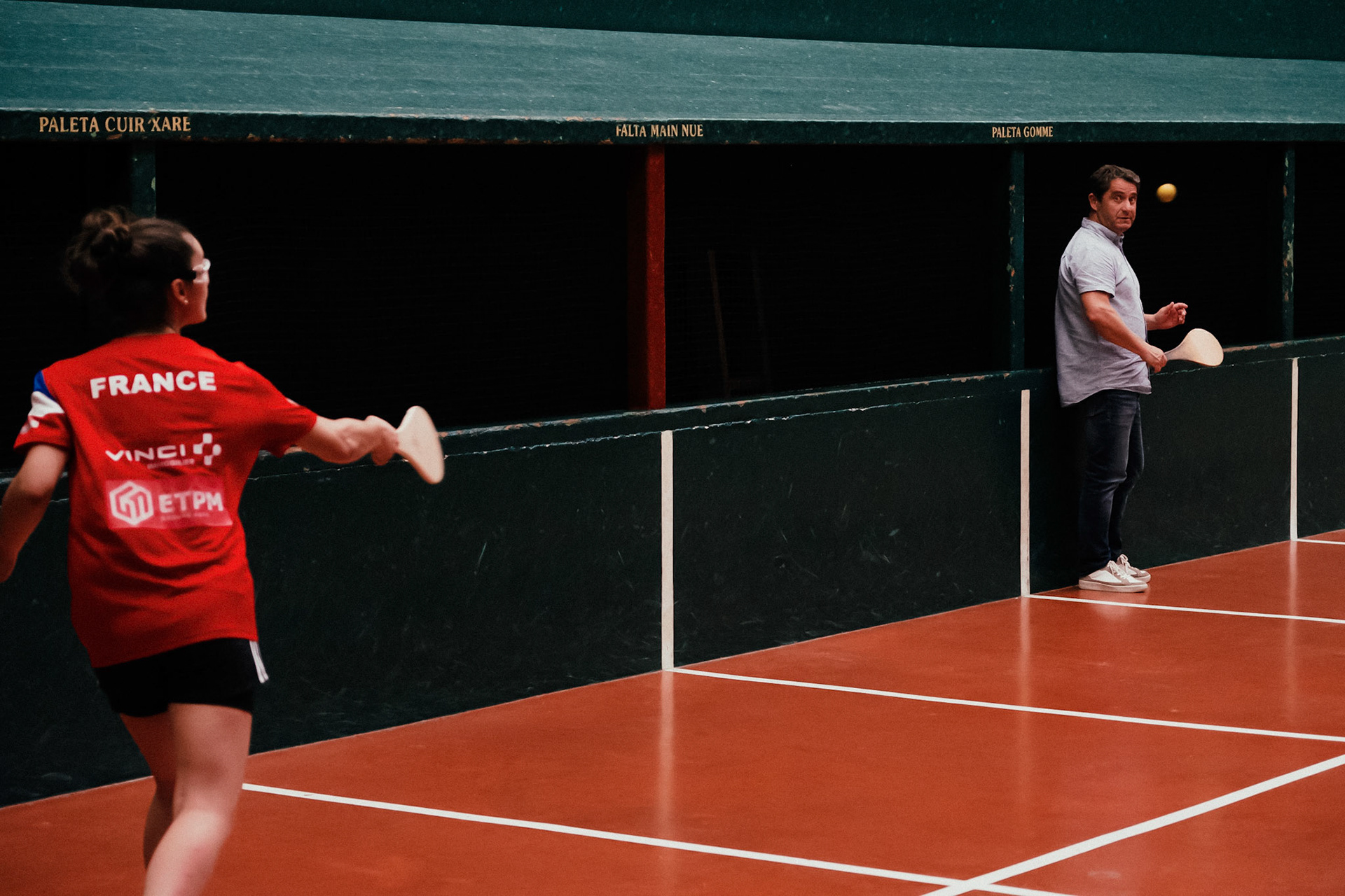 France, Bayonne, 2023-06-15. Basque pelota, a history of transmission in a sport with a long tradition. Discover the diversity of pelota with female players et with the French team's handi pelota section. Marie Goyenetche in training with her coach, Patrice Lacoste. Photograph by romain de sigalas / hans lucas. France, bayonne, 2023-06-15. La pelote Basque, une histoire de transmission dans un sport de longue tradition. A la rencontre de la diversite de la pelote avec les joueuses et egalement la section handi pelote de l equipe de France. Marie Goyenetche a l entrainement avec les conseils de son entraineur, Patrice Lacoste. Photographie de romain de sigalas / hans lucas.