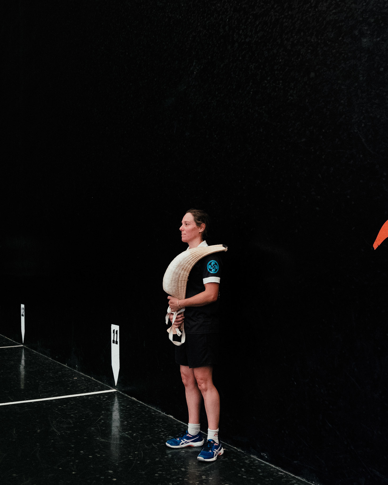 France, Bayonne, 2023-06-15. Basque pelota, a history of transmission in a sport with a long tradition. Discover the diversity of pelota with female players et with the French team's handi pelota section. Lauréline poses with her chistera. Photograph by romain de sigalas / hans lucas. France, bayonne, 2023-06-15. La pelote Basque, une histoire de transmission dans un sport de longue tradition. A la rencontre de la diversite de la pelote avec les joueuses et egalement la section handi pelote de l equipe de France. Laureline prend la pose avec sa chistera. Photographie de romain de sigalas / hans lucas.