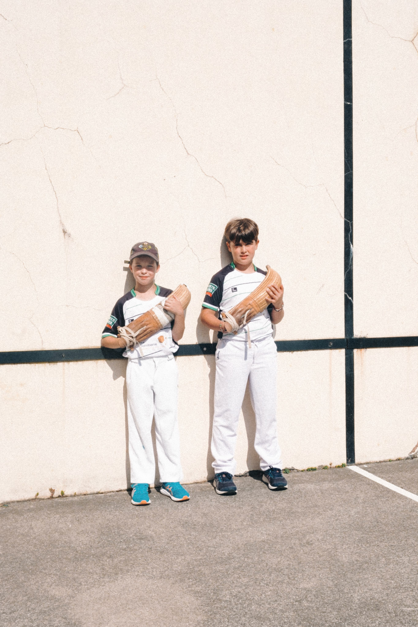 France, Bayonne, 2023-06-15. Basque pelota, a history of transmission in a sport with a long tradition. Discover the diversity of pelota with female players et with the French team's handi pelota section. 2 young Cesta Punta players from the Saint Pée sur Nivelle club before their match against the Hendaye club. Photograph by romain de sigalas / hans lucas. France, bayonne, 2023-06-15. La pelote Basque, une histoire de transmission dans un sport de longue tradition. A la rencontre de la diversite de la pelote avec les joueuses et egalement la section handi pelote de l equipe de France. 2 jeunes joeurs de Cesta Punta du club de saint Pée sur Nivelle avant leurs match contre le club d Hendaye. Photographie de romain de sigalas / hans lucas.